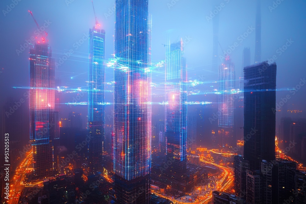 Fototapeta premium Futuristic Cityscape with Neon Lights and Data Streams.