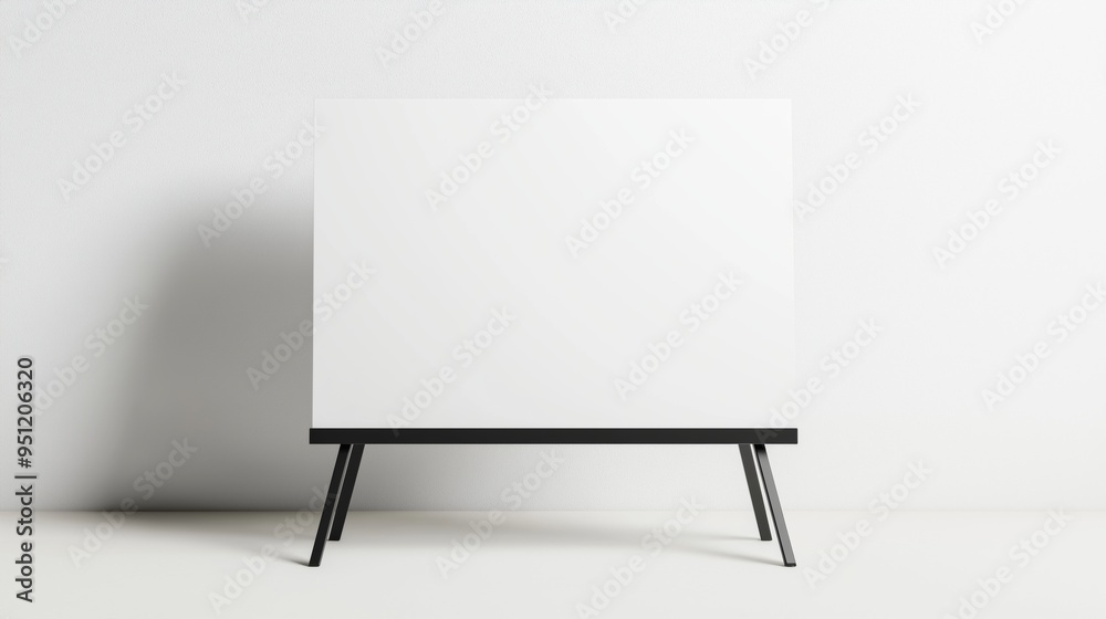 A blank canvas on a sleek stand against a minimalist white wall in a bright studio space. A blank canvas on a sleek stand against a minimalist white wall in a bright studio space.