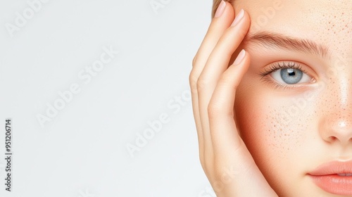 Closeup of a teenage girl with acne on her forehead, captured in a candid laugh
