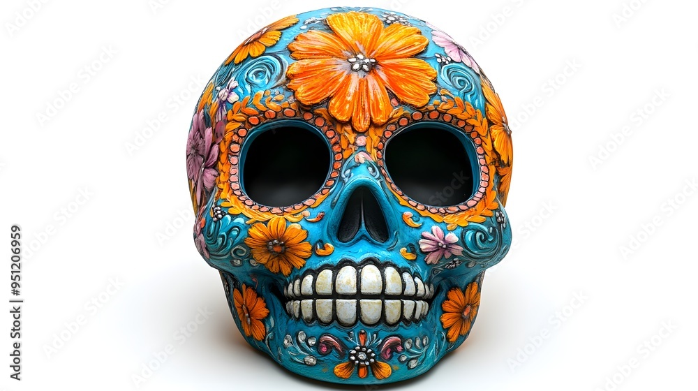 A vibrant Day of the Dead sugar skull mask, intricately decorated with floral patterns, set for a Halloween party, 3D render, vivid colors, isolated on white background A vibrant Day of the Dead sugar skull mask, intricately decorated with floral patterns, set for a Halloween party, 3D render, vivid colors, isolated on white background