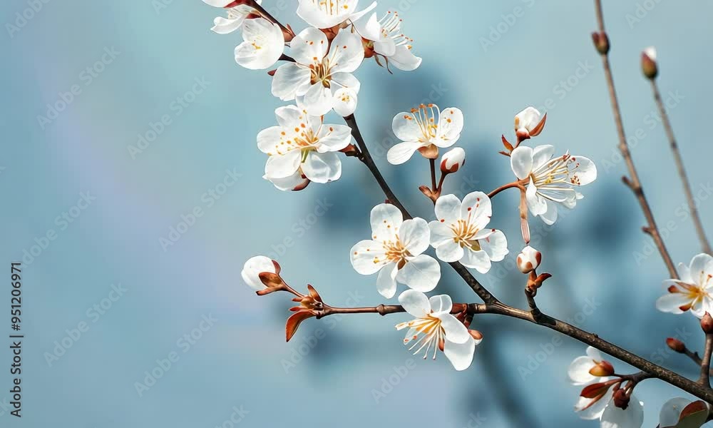 A branch of white cherry blossoms against a soft blue background with space for text on the left. A branch of white cherry blossoms against a soft blue background with space for text on the left.