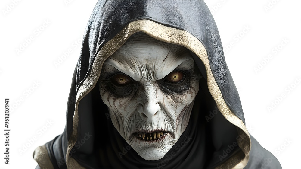 Disturbing possessed nun Halloween mask, ultra-realistic horror design, intricate details, isolated on white background