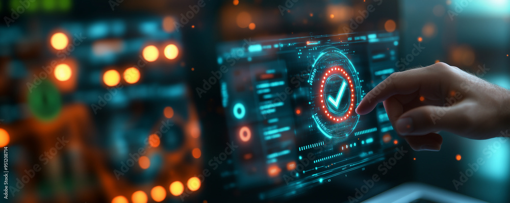 A closeup of a hand touching the checkmark icon on a virtual screen. Businessman touching virtual check mark . A closeup of a hand touching the checkmark icon on a virtual screen. Businessman touching virtual check mark .