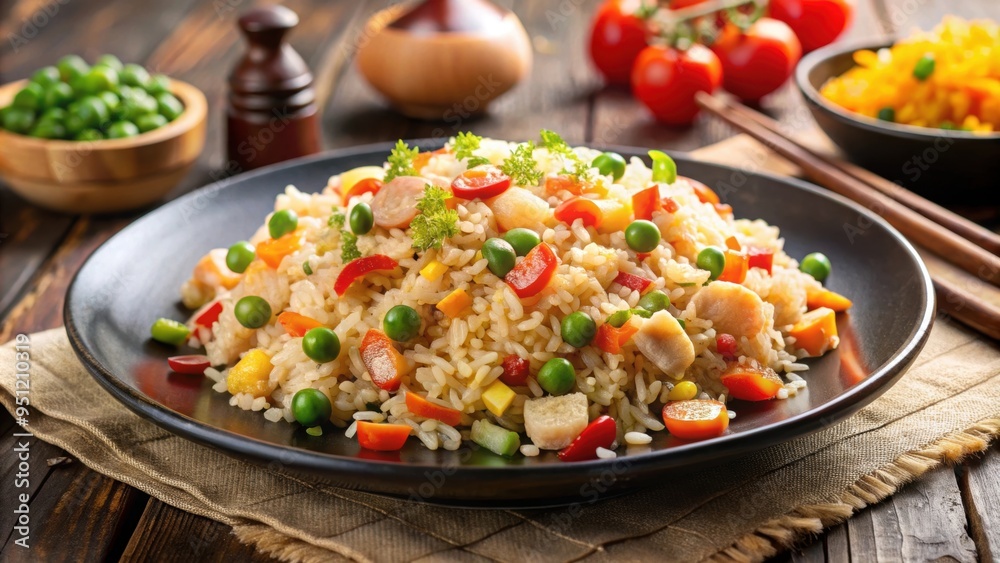 Plate of delicious fried rice topped with a variety of colorful ingredients, fried rice, food, Asian cuisine, meal, delicious Plate of delicious fried rice topped with a variety of colorful ingredients, fried rice, food, Asian cuisine, meal, delicious