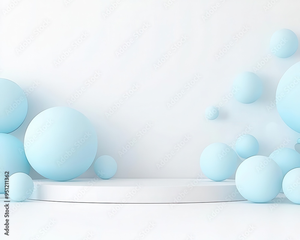 Abstract minimalist background with blue spheres and a white platform, minimalist aesthetic. Abstract minimalist background with blue spheres and a white platform, minimalist aesthetic.