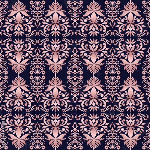 Classic Damask rose gold seamless pattern, Wallpaper in the style of Baroque, Vintage background, Luxury floral Graphic pattern for fabric, curtain, packaging, Vector Illustration for Textile Design