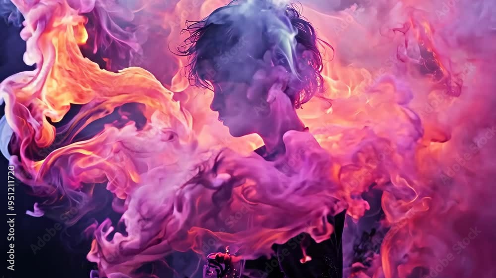 A figure shrouded in vibrant flames and smoke, with deep reds, oranges, and purples, evokes mystery and emotion, perfect for themes of transformation and resilience. A figure shrouded in vibrant flames and smoke, with deep reds, oranges, and purples, evokes mystery and emotion, perfect for themes of transformation and resilience.