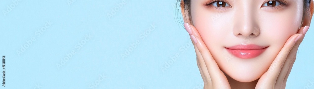 Closeup of an Asian woman with radiant skin, smiling softly against a plain white background Closeup of an Asian woman with radiant skin, smiling softly against a plain white background