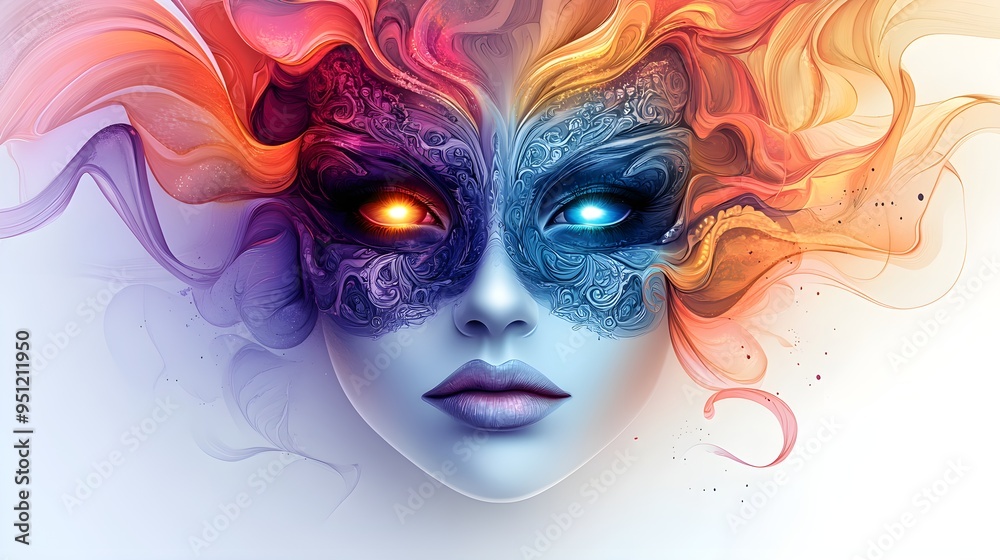 Spectral figure with bright eyes, wearing an intricate masquerade mask, haunting atmosphere, vector art, isolated on white background Spectral figure with bright eyes, wearing an intricate masquerade mask, haunting atmosphere, vector art, isolated on white background