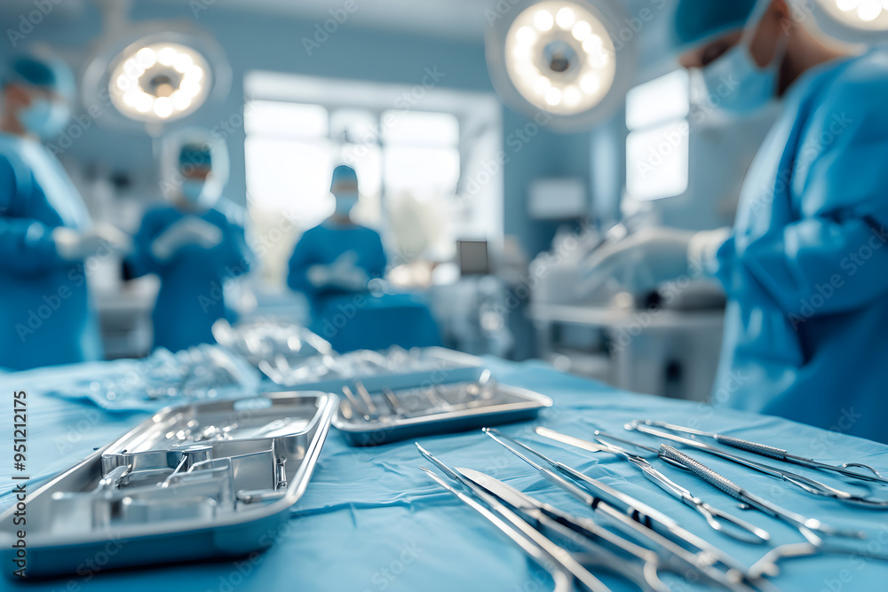Surgical instruments arranged on a sterile table in a bright operating room. Surgeons prepare for a procedure in the background. Surgical instruments arranged on a sterile table in a bright operating room. Surgeons prepare for a procedure in the background.