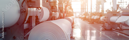 Powerful modern equipment for the production of coated paper industry in background