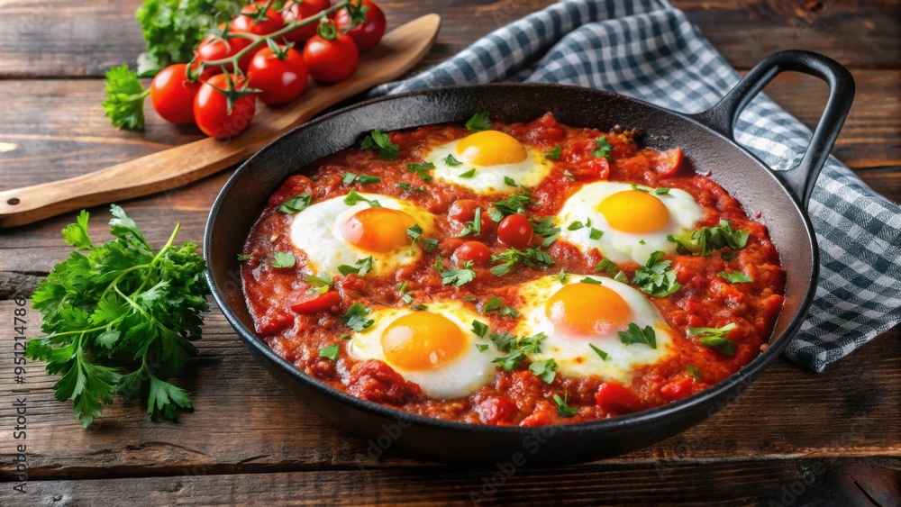 Traditional Israeli Shakshuka dish with poached eggs in a spicy tomato sauce served in a iron skillet, Israeli, cuisine, food Traditional Israeli Shakshuka dish with poached eggs in a spicy tomato sauce served in a iron skillet, Israeli, cuisine, food