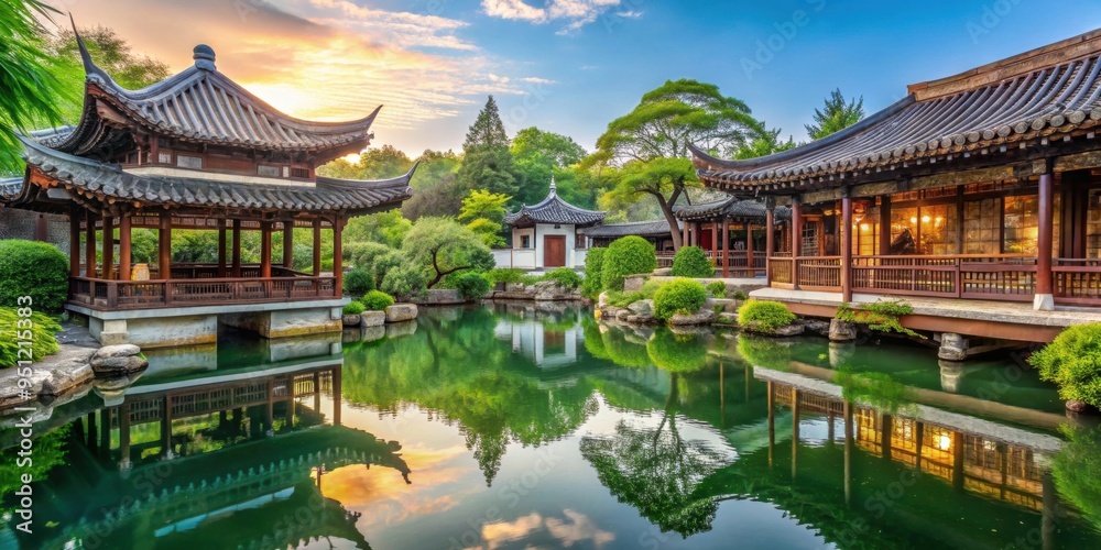 Naklejka premium Traditional Chinese garden with elegant architecture, lush greenery, and tranquil ponds, Chinese garden