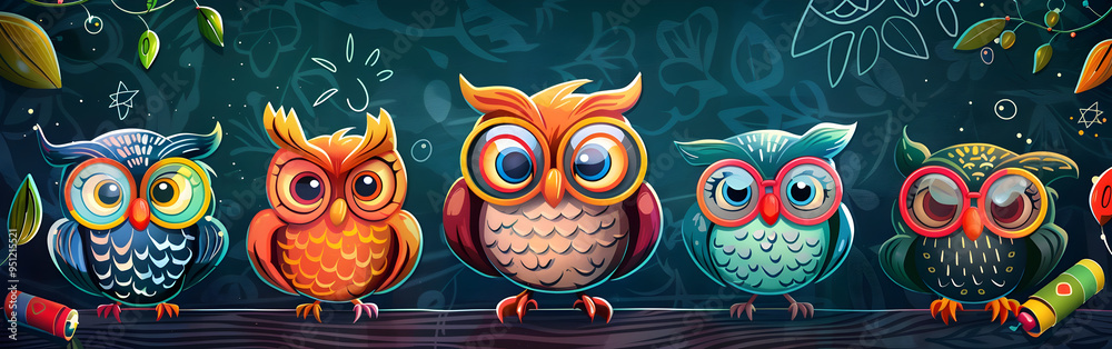 Fototapeta premium A seamless design featuring colorful owls in different poses with intricate floral patterns in background