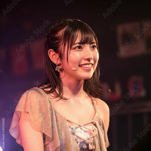 A beautiful, smiling Japanese idol in her early twenties is performing at a live venue wearing a revealing top made of thin fabric