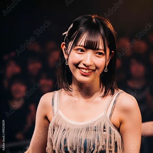 A beautiful, smiling Japanese idol in her early twenties is performing at a live venue wearing a revealing top made of thin fabric