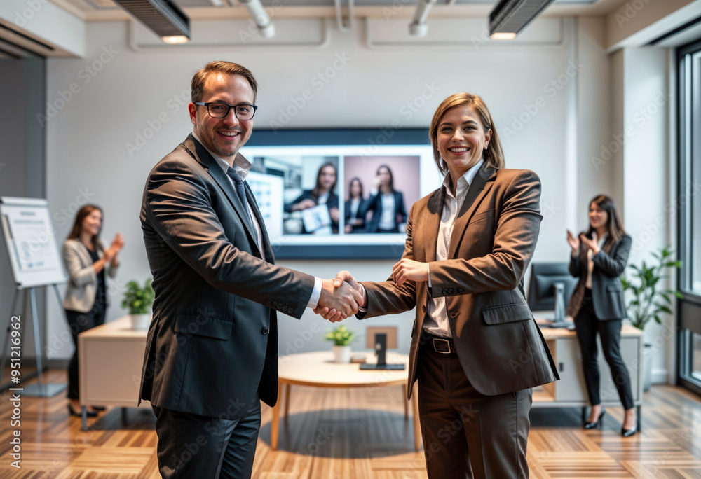 Obraz premium Business Colleagues Shaking Hands After a Successful Presentation