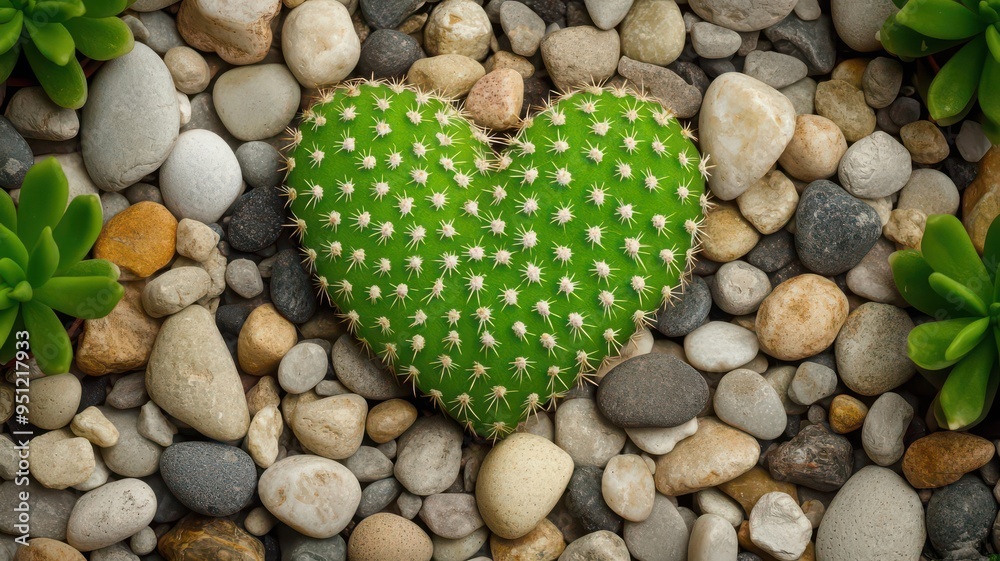 Heart-shaped cactus surrounded by pebbles in a zen garden setting, Heart cactus in zen garden, peaceful and meditative design Heart-shaped cactus surrounded by pebbles in a zen garden setting, Heart cactus in zen garden, peaceful and meditative design