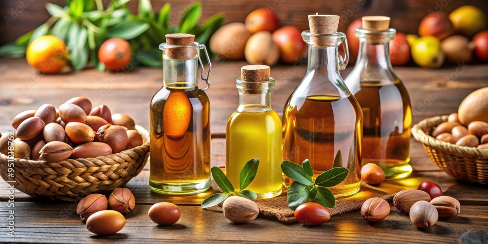 Argan oil and fruits A vibrant image of argan oil bottles surrounded by fresh fruits , argan oil, fruits, healthy