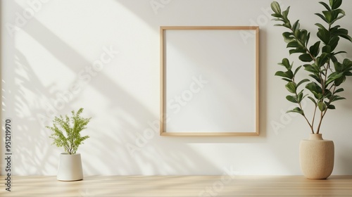 A minimalist home decor setting showcasing a blank wooden frame, indoor plants, and natural light illuminating the space in a cozy atmosphere.