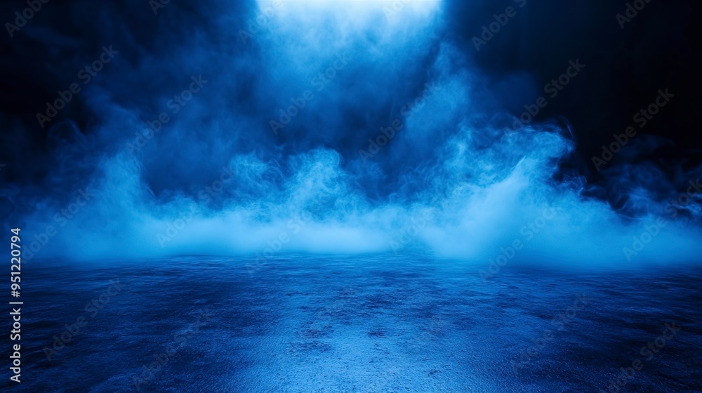 white smoke on dark black background , ark blue room background with smoke and floor, Dark empty scene, blue neon searchlight light, smoke, night view