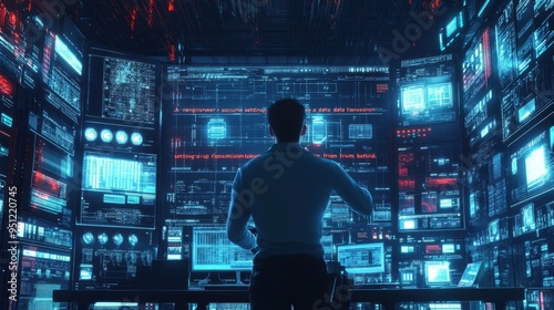 Futuristic Control Room: Silhouette of Person in High-Tech Command Center