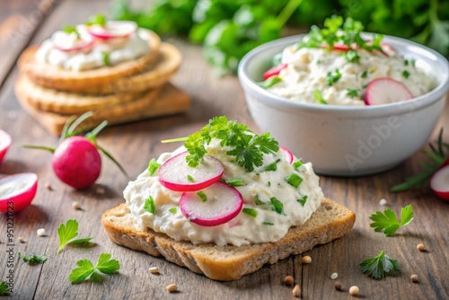 Cream cheese radish mix with crunchy texture and fresh flavors, perfect for snacking or as a topping for bagels and crackers, mood is bright and airy like a 