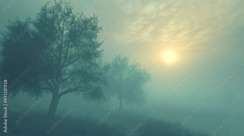 foggy landscape with trees and sun in the background foggy landscape with trees and sun in the background