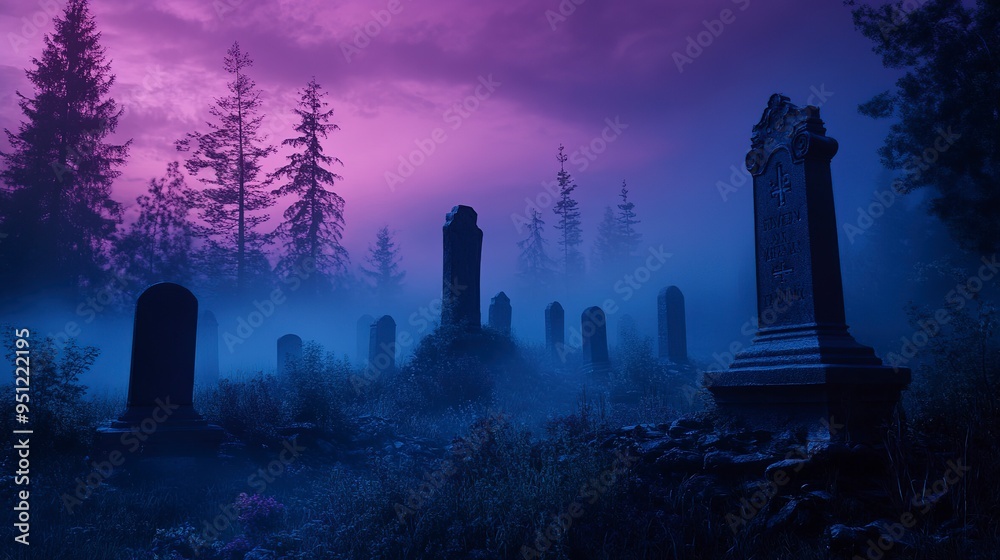 eerie halloween graveyard with tombstones at night misty forest background 