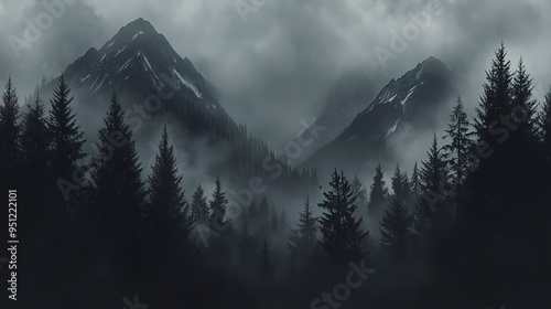 Dark foggy ominous spooky scary landscape with mountains and pine trees forest black background 
