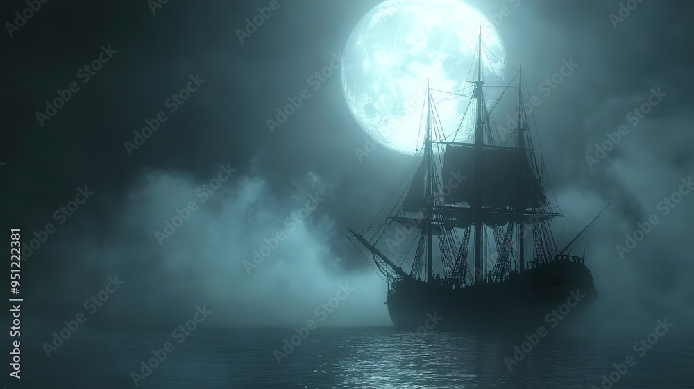 Spooky old sailing ship on a foggy night illuminated by the moon background for halloween concept Spooky old sailing ship on a foggy night illuminated by the moon background for halloween concept