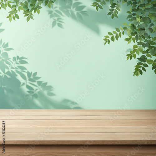 green leaves on wooden background with Generative ai	
