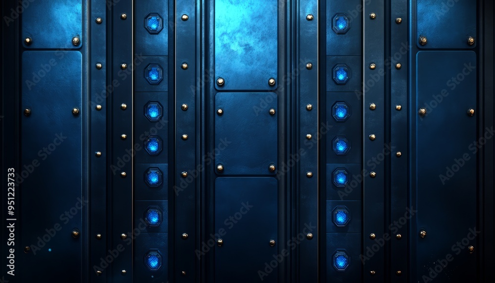 Fototapeta premium Dark Blue Metal Panel with Glowing Blue Inserts and Gold Studs