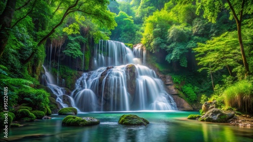 Cascading waterfall amidst lush green forest, Waterfall, cascading, clear pool, lush, green, forest, nature, tranquility