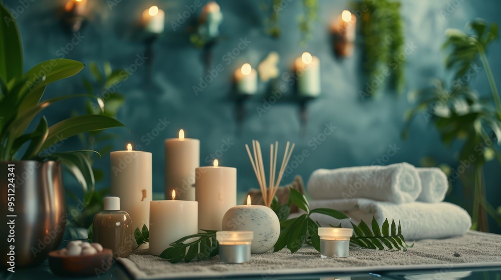 Relaxing Spa Setting with Candles and Towels Relaxing Spa Setting with Candles and Towels