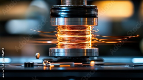 Close-up view of a basic electromagnet with visible copper wire coils and an iron core, with a small iron object being attracted to it, demonstrating magnetic force