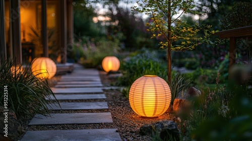 Serene Glow: Paper Lanterns Illuminating a Peaceful Night Garden