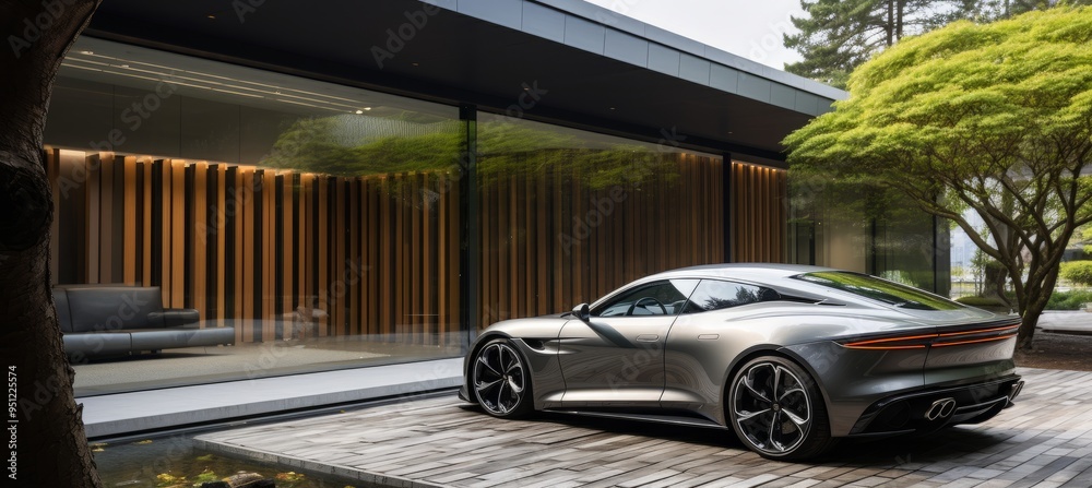 Fototapeta premium Sleek luxury sports car parked beside modern architecture in serene outdoor setting during daytime