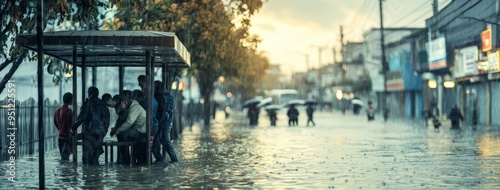 A group of people huddles under a bus stop shelter during heavy rain, surrounded by flooded streets in an urban area as others walk with umbrellas in the background.