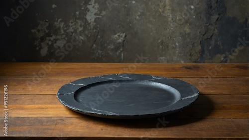empty slate plate centered on wood table wide angle background