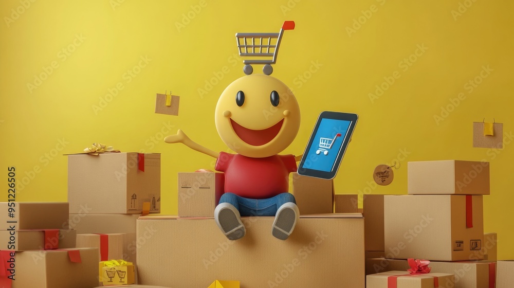 Happy Character Sitting on Delivery Boxes Holding a Tablet with Shopping Cart Icon Happy Character Sitting on Delivery Boxes Holding a Tablet with Shopping Cart Icon