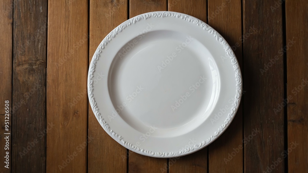empty plastic plate centered on angle wooden table background empty plastic plate centered on angle wooden table background