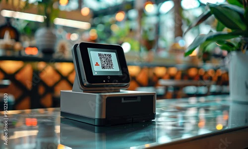 A payment terminal with a QR code displayed, ready for a transaction photo