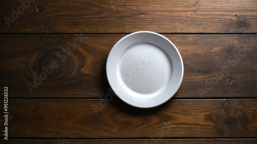 empty paper plate centered on wood table wide angle background