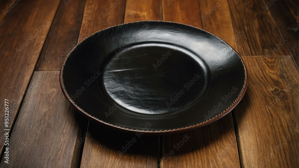 empty leather plate centered on wood table wide background empty leather plate centered on wood table wide background
