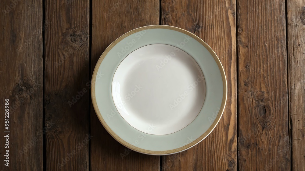 empty bone china plate centered on wood table wide background