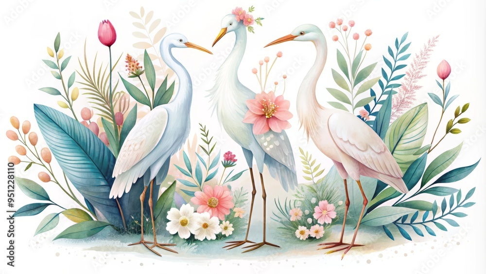 Fototapeta egrets vector characters whimsical illustrations watercolor style dreamy soft gentle subtle nature floral patterns delicate minimalist cute pretty pastel