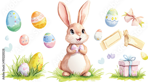 A charming watercolor illustration featuring a cute bunny surrounded by colorful eggs and festive presents, perfect for celebrating the joy and spirit of Easter.