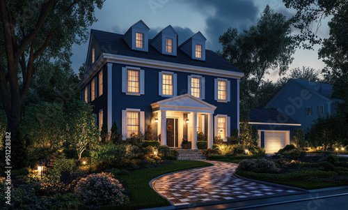 3D rendering of a classic colonial house with a blue color, white trim, and shutters at night with a lit-up path in front