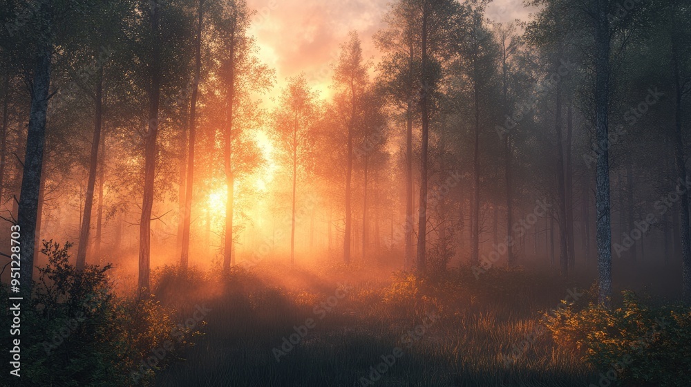 A misty forest at sunrise, with the fog beginning to lift and the light slowly illuminating the scene. A misty forest at sunrise, with the fog beginning to lift and the light slowly illuminating the scene.